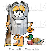 Illustration of a Cartoon Trash Can Mascot Duck Hunting, Standing with a Rifle and Duck by Mascot Junction