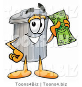 Illustration of a Cartoon Trash Can Mascot Holding a Dollar Bill by Mascot Junction