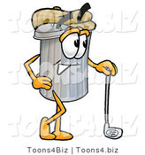 Illustration of a Cartoon Trash Can Mascot Leaning on a Golf Club While Golfing by Mascot Junction