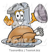 Illustration of a Cartoon Trash Can Mascot Serving a Thanksgiving Turkey on a Platter by Mascot Junction