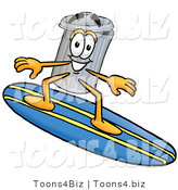 Illustration of a Cartoon Trash Can Mascot Surfing on a Blue and Yellow Surfboard by Mascot Junction