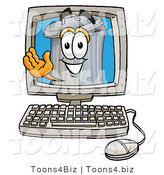 Illustration of a Cartoon Trash Can Mascot Waving from Inside a Computer Screen by Mascot Junction