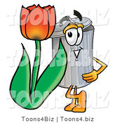 Illustration of a Cartoon Trash Can Mascot with a Red Tulip Flower in the Spring by Mascot Junction