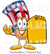 Illustration of a Cartoon Uncle Sam Mascot Holding a Yellow Sales Price Tag by Mascot Junction