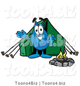 Illustration of a Cartoon Water Drop Mascot Camping with a Tent and Fire by Mascot Junction