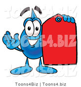 Illustration of a Cartoon Water Drop Mascot Holding a Red Sales Price Tag by Mascot Junction