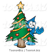 Illustration of a Cartoon Water Drop Mascot Waving and Standing by a Decorated Christmas Tree by Mascot Junction