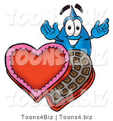Illustration of a Cartoon Water Drop Mascot with an Open Box of Valentines Day Chocolate Candies by Mascot Junction