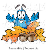 Illustration of a Cartoon Water Drop Mascot with Autumn Leaves and Acorns in the Fall by Mascot Junction