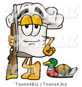 Illustration of a Chef Hat Mascot Duck Hunting, Standing with a Rifle and Duck by Mascot Junction
