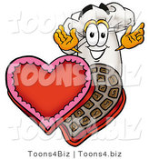 Illustration of a Chef Hat Mascot with an Open Box of Valentines Day Chocolate Candies by Mascot Junction