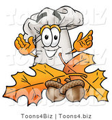 Illustration of a Chef Hat Mascot with Autumn Leaves and Acorns in the Fall by Mascot Junction