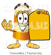 Illustration of a Construction Safety Barrel Mascot Holding a Yellow Sales Price Tag by Mascot Junction