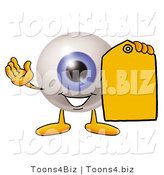 Illustration of a Eyeball Mascot Holding a Yellow Sales Price Tag by Mascot Junction