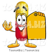Illustration of a Medical Pill Capsule Mascot Holding an Orange Sales Price Tag by Mascot Junction