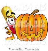 Illustration of a Medical Pill Capsule Mascot with a Carved Halloween Pumpkin by Mascot Junction