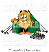 Illustration of a Police Badge Mascot Camping with a Tent and Fire by Mascot Junction