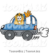 Illustration of a Police Badge Mascot Driving a Blue Car and Waving by Mascot Junction
