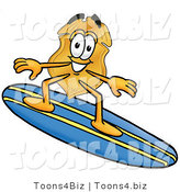 Illustration of a Police Badge Mascot Surfing on a Blue and Yellow Surfboard by Mascot Junction