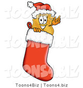 Illustration of a Police Badge Mascot Wearing a Santa Hat Inside a Red Christmas Stocking by Mascot Junction