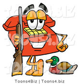 Illustration of a Red Cartoon Telephone Mascot Duck Hunting, Standing with a Rifle and Duck by Mascot Junction