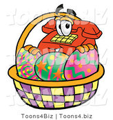 Illustration of a Red Cartoon Telephone Mascot in an Easter Basket Full of Decorated Easter Eggs by Mascot Junction