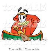 Illustration of a Red Cartoon Telephone Mascot Rowing a Boat by Mascot Junction