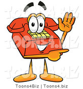 Illustration of a Red Cartoon Telephone Mascot Waving and Pointing by Mascot Junction