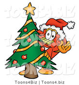 Illustration of a Red Cartoon Telephone Mascot Waving and Standing by a Decorated Christmas Tree by Mascot Junction