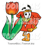 Illustration of a Red Cartoon Telephone Mascot with a Red Tulip Flower in the Spring by Mascot Junction