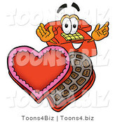 Illustration of a Red Cartoon Telephone Mascot with an Open Box of Valentines Day Chocolate Candies by Mascot Junction