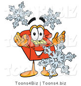 Illustration of a Red Cartoon Telephone Mascot with Three Snowflakes in Winter by Mascot Junction