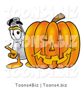 Illustration of a Science Beaker Mascot with a Carved Halloween Pumpkin by Mascot Junction