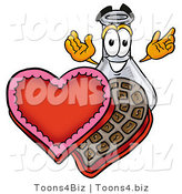 Illustration of a Science Beaker Mascot with an Open Box of Valentines Day Chocolate Candies by Mascot Junction