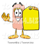 Illustration of an Adhesive Bandage Mascot Holding a Yellow Sales Price Tag by Mascot Junction