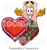 Illustration of an Adhesive Bandage Mascot with an Open Box of Valentines Day Chocolate Candies by Mascot Junction