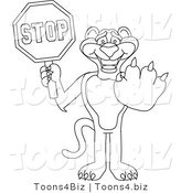 Line Art Vector Illustration of a Cartoon Panther Mascot Holding a Stop Sign by Mascot Junction