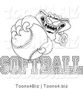 Line Art Vector Illustration of a Cartoon Panther Mascot with Softball Text by Mascot Junction