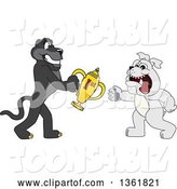 Vector Illustration of a Black Panther School Mascot Giving a First Place Trophy to a Bulldog, Symbolizing Teamwork and Sportsmanship by Mascot Junction