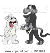 Vector Illustration of a Black Panther School Mascot Shaking Hands with a Bulldog, Symbolizing Acceptance by Mascot Junction