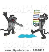 Vector Illustration of a Black Panther School Mascot Warning Another That Is Carrying Books About a Puddle, Symbolizing Being Proactive by Mascot Junction