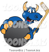 Vector Illustration of a Blue Cartoon Dragon Mascot Grabbing a Hockey Puck by Mascot Junction