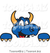 Vector Illustration of a Blue Cartoon Dragon Mascot Looking over a Sign by Mascot Junction