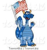 Vector Illustration of a Blue Cartoon Dragon Mascot with an American Flag by Mascot Junction
