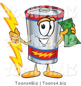 Vector Illustration of a Cartoon Battery Mascot Holding a Bolt of Energy and a Green Dollar Bill by Mascot Junction