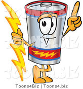 Vector Illustration of a Cartoon Battery Mascot Holding a Bolt of Energy and Pointing Upwards by Mascot Junction