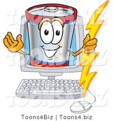 Vector Illustration of a Cartoon Battery Mascot Holding a Bolt of Energy and Waving in a Computer Screen by Mascot Junction