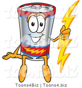 Vector Illustration of a Cartoon Battery Mascot Sitting and Holding a Bolt of Energy by Mascot Junction