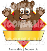 Vector Illustration of a Cartoon Bear Mascot Logo over a Red Diamond and Blank Gold Banner by Mascot Junction