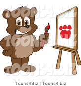 Vector Illustration of a Cartoon Bear Mascot Painting a Paw Print on Canvas by Mascot Junction